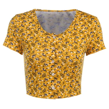 

Summer2020 sexy short-sleeved floral single-breasted round neck cardigan t-shirt women