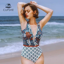 CUPSHE, синий, с принтом, с глубоким вырезом, Цельный купальник, женский, сексуальный, с v-образным вырезом, открытая спина, монокини,, пляжный купальник, купальник