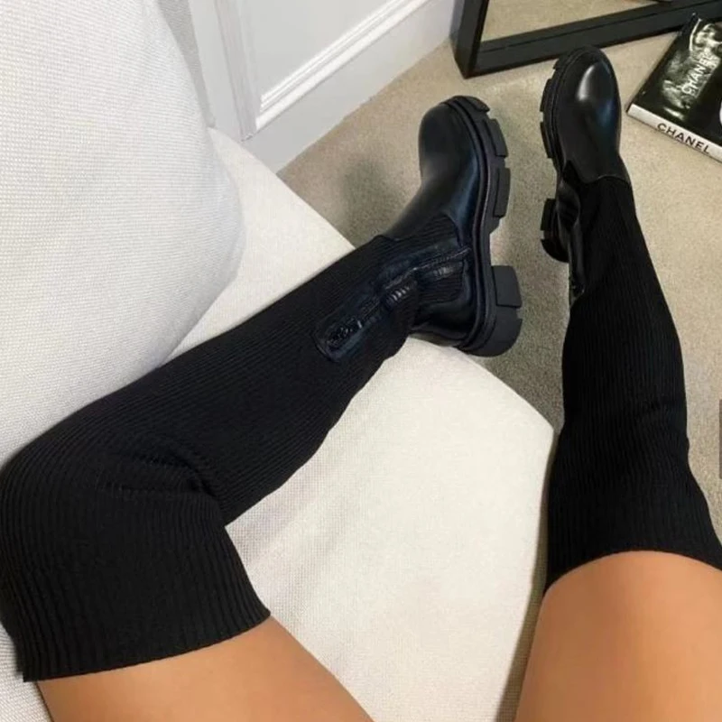 Ladies Knee High Boots Womens Thick Heel Slim Winter Plus Velvet Stretch Boots High Heel Large Size Suede Plus Size