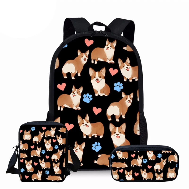 

NOISYDESIGNS Cute Animal Dog Corgi Pattern Schoolbag Backpack Set for Teenager Girls Boys School Bags Kids Children Book Bag