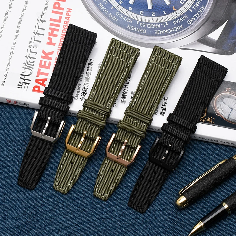 Green and Black Nylon Leather Watch Band Strap with Silver Pin Buckle - High Quality