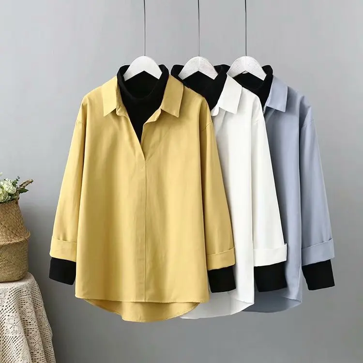 

Korean-style Plus-sized WOMEN'S Dress Contrast Color Joint Front Short Long Back Mock Two-Piece Shirt Spring And Autumn New Styl