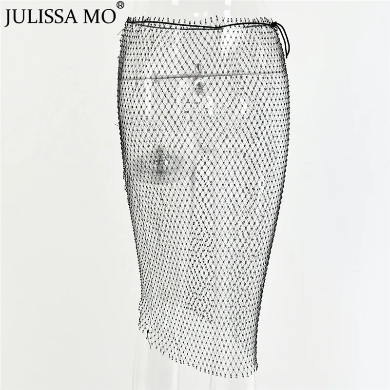Julissa mo, ажурные Стразы, длинные юбки для женщин, алмазная прозрачная сетчатая юбка, модные, эластичные, пляжные, вечерние, юбка-карандаш