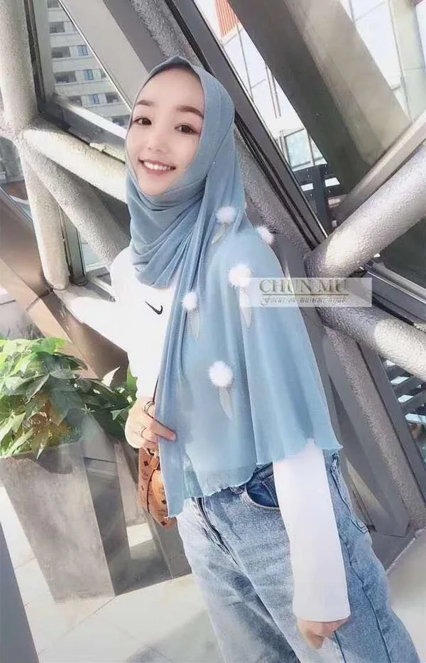 Мусульманские женщины длинный хиджаб девушка студентка с милым помпоном - Цвет: B