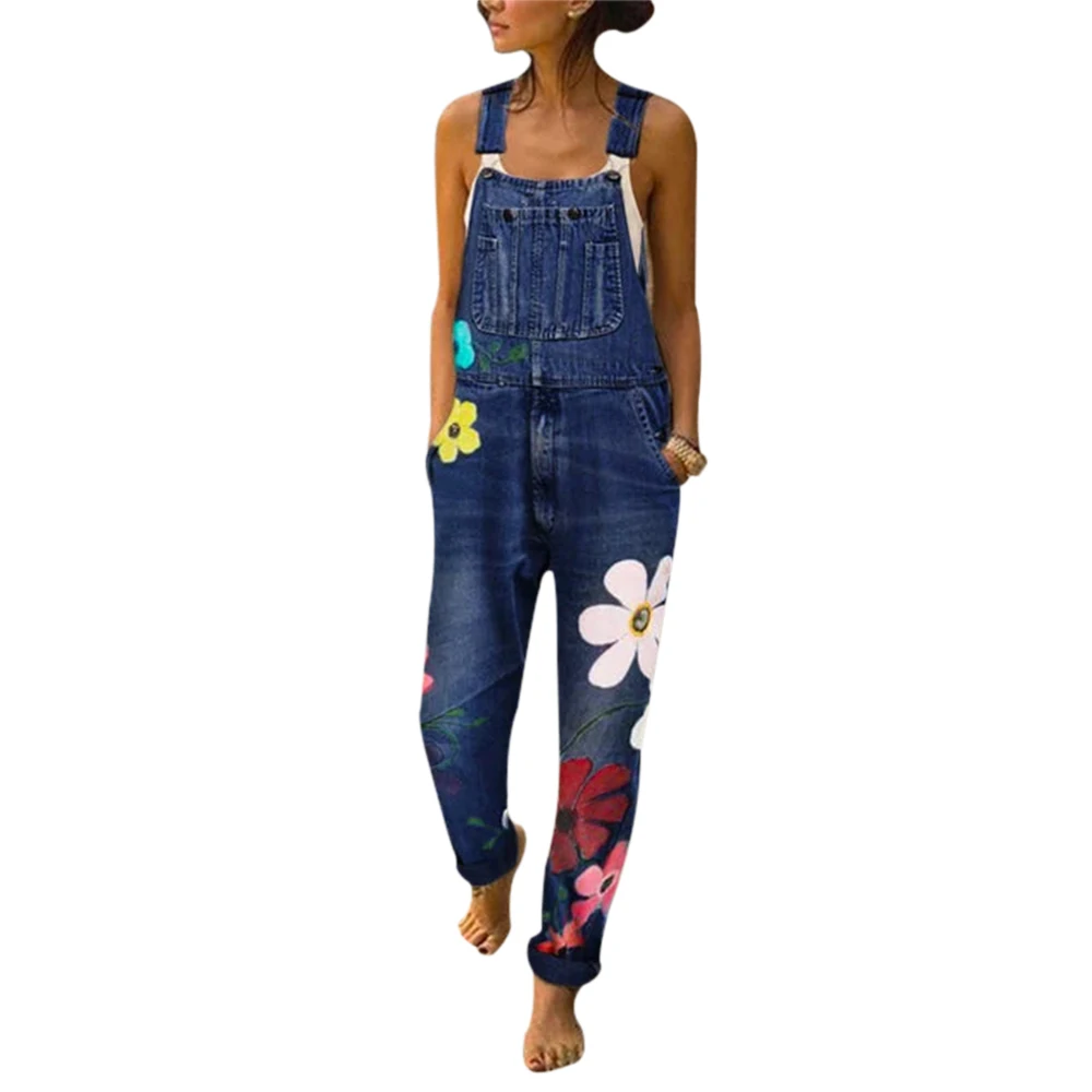 

2019 New Fashion Autumn Women Florals Printing Women Jeans Full Length Straps Neck Light Washed Pockets Overalls Denim Pants