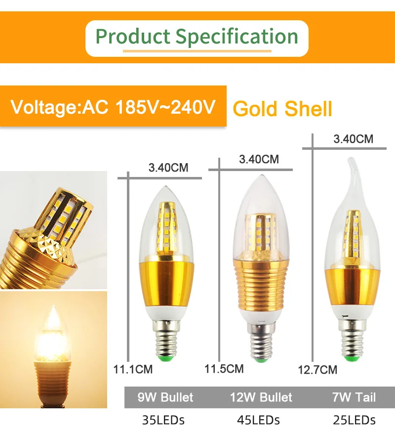 Kaguyahime LED E14 свечки Алюминий Лампа AC 220V 5W 7W 9W 12W 240V SMD2835 энергии энергосберегающие