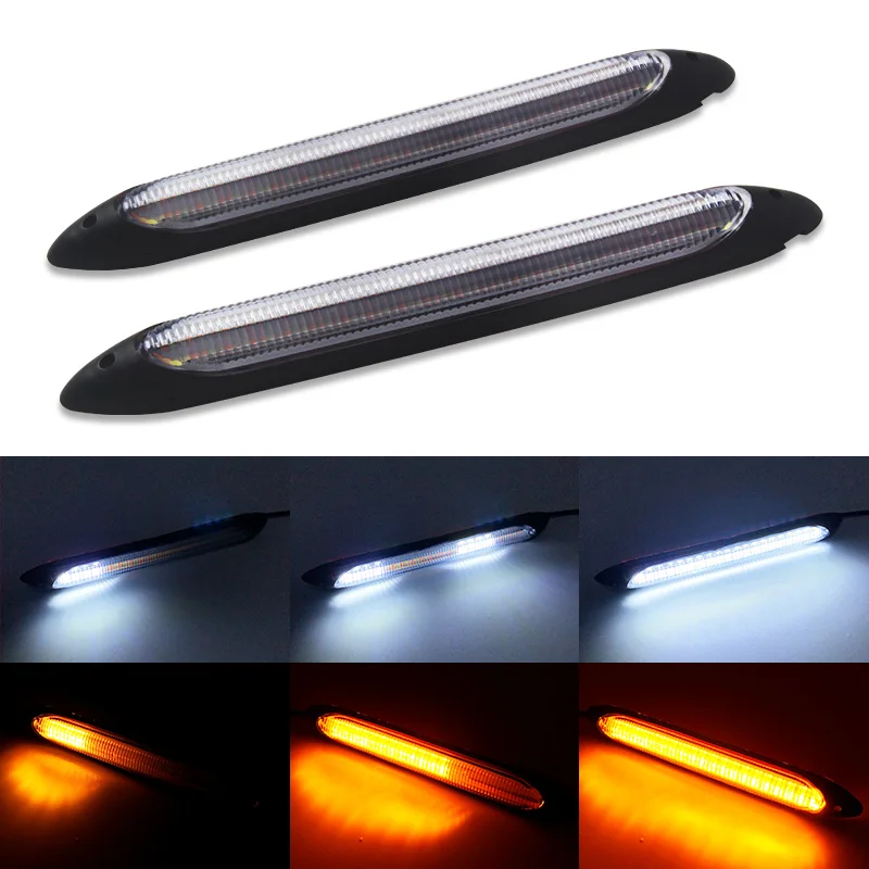 2pcs Universal Car LED Daytime Running Light Scan Waterproof Headlight Strip Sequential Flow Yellow Turn Signal White DRL Light