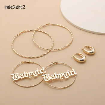 

IngeSight.Z 6Pcs/Set Punk Exaggerated Geometric Big Round Circle Letter Hoop Earrings Spiral Twisted Metal Loop Earrings Jewelry