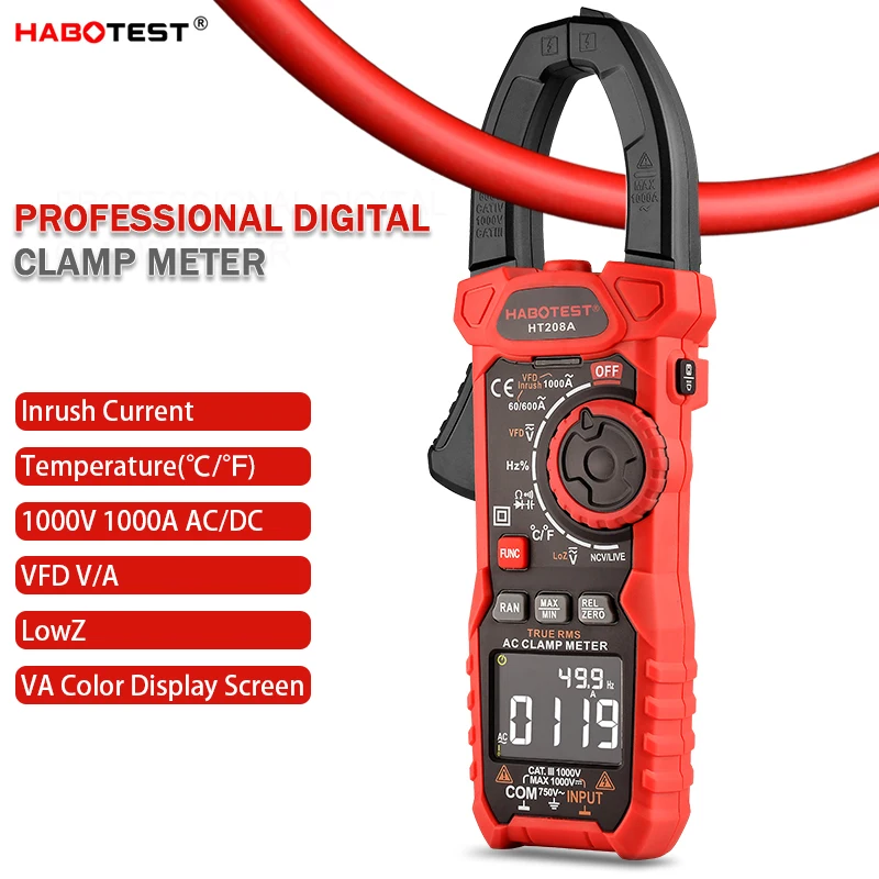 Professional Digital Clamp Meter Multimeter HABOTEST 1000V 1000A Amp Pinza Amperometric °C °F VFD Inrush Current Tester HT208A |