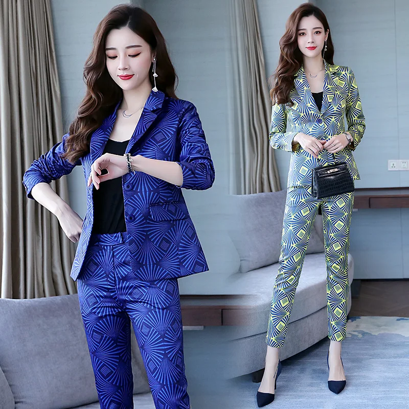 Famous Yuan Hong Kong style new women's wear professional suit printed small suit trousers show thin two-piece fashion