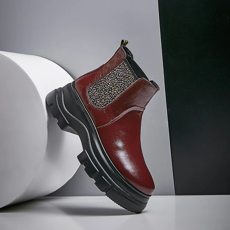 

2019 Boots Women Ankle Boots Round Toe Genuine Leather Autumn Winter Platforms High Heel Casual High Quality Shoes Woman