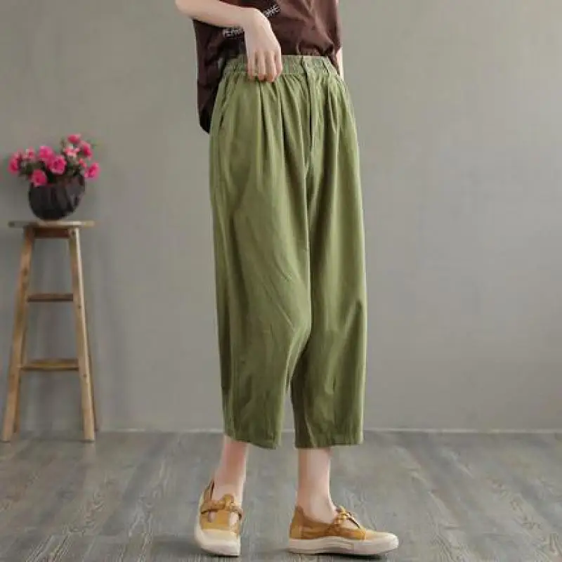 

2023Autumn New Simple Pure Color Loose Casual Cropped Trousers Elastic High Waist Slim Women Harem Pants All-match Free Shipping