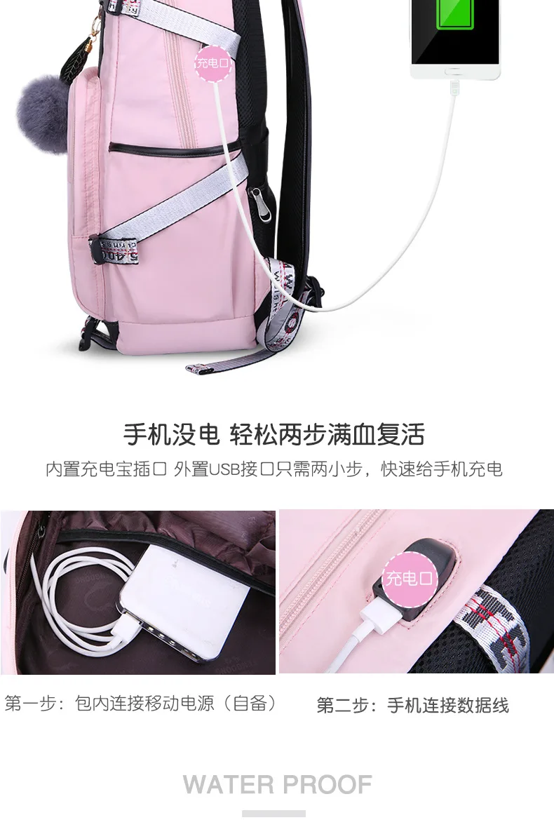 USB женский рюкзак для девочек школьные рюкзаки для подростков девочек водонепроницаемые нейлоновые школьные сумки для мальчиков детские ортопедические школьные сумки