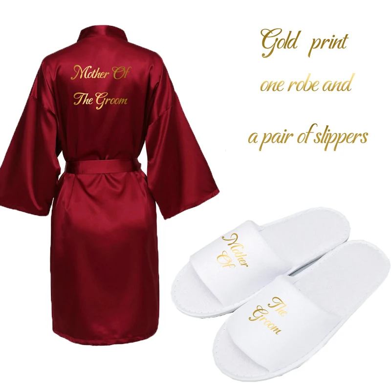 YUXINBRIDAL/Новинка года; бордовый атласный шелковый халат для невесты; свадебный подарок для подружки невесты; халат для невесты; свадебные тапочки с золотым принтом - Цвет: B Mother G Slipper