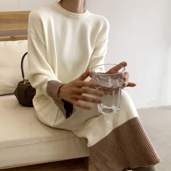 

Retro Knitted Dress Women Oversize Long Sleeve Autumn Winter Sweater Dress Korean Patchwork Long Dress Thicken Straight W118