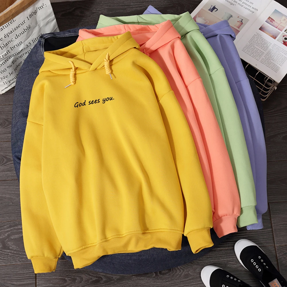 mulher hoodies moletom confortável plus size mulher deus vê você carta impressão