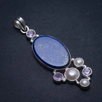 

Natural Lapis Lazuli,River Pearl and Amethyst Handmade Unique 925 Sterling Silver Pendant 2 1/4" U0153