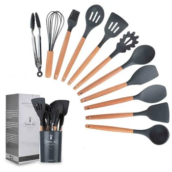 

Silicone Kitchen Cooking Utensils Non-stick Heat Resistant Kitchenware Spatula Shovel Wooden Handle Cooking Tools Baking Tools