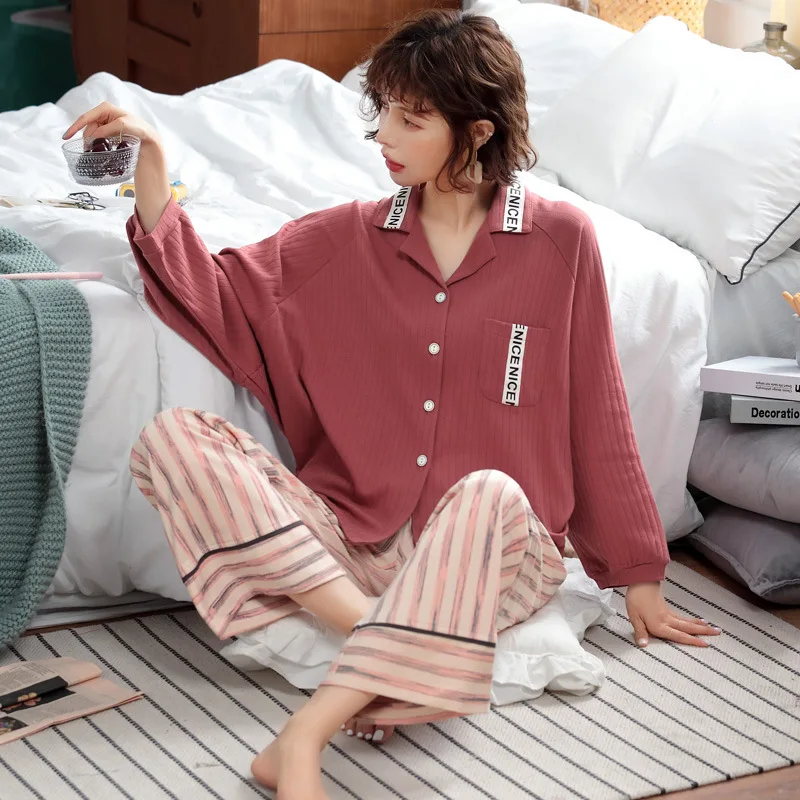 

3515 # Pajamas Women's Autumn Korean-style Casual Two-Piece Set Sweet Cardigan Long Sleeve 6535 Sunken Stripe M -Xxl