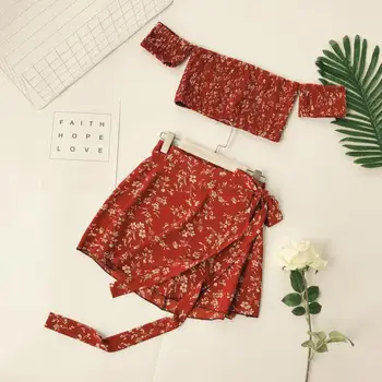 

Women Slash Neck Elastic Pleated Bra Short Sleeve Tight Short Crop Tops + Irregular Short Skirts Two Piece Sets G919