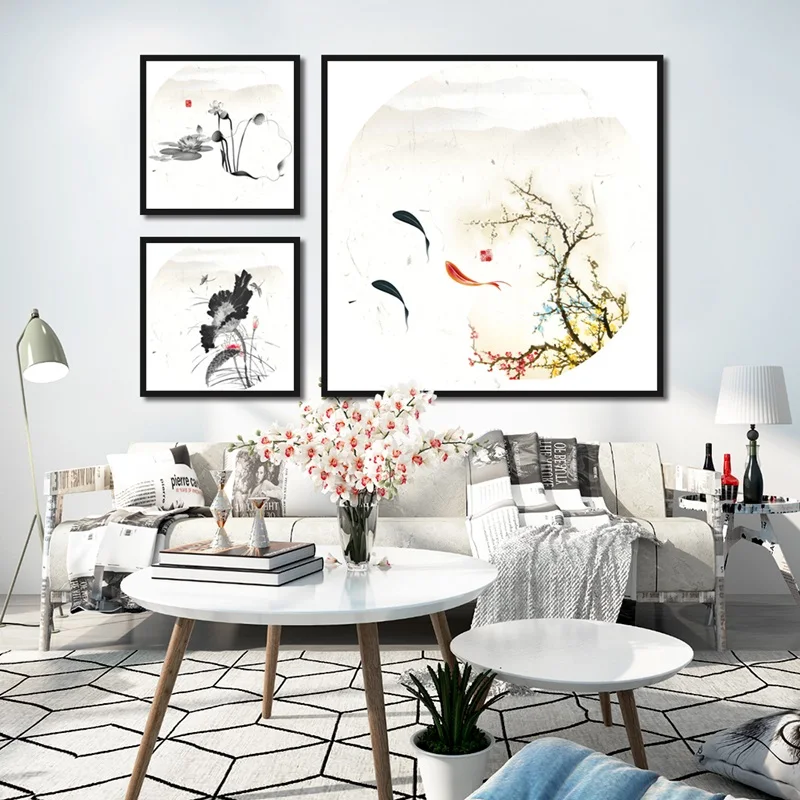 Плакат для плавания рыбы с водяными чернилами рисунок на холсте Фреска китайская