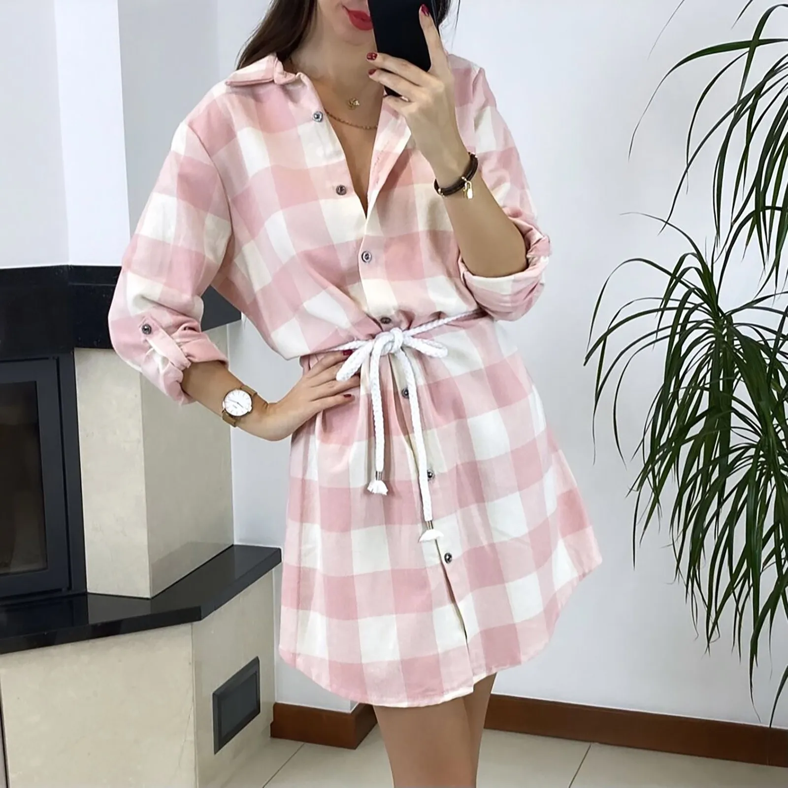 Fashion Dress Casual  Women Long Sleeve Tie Rope Button Plaid Print Shirt Dress Halter Strap Summer Vintage Vestido Женский 2
