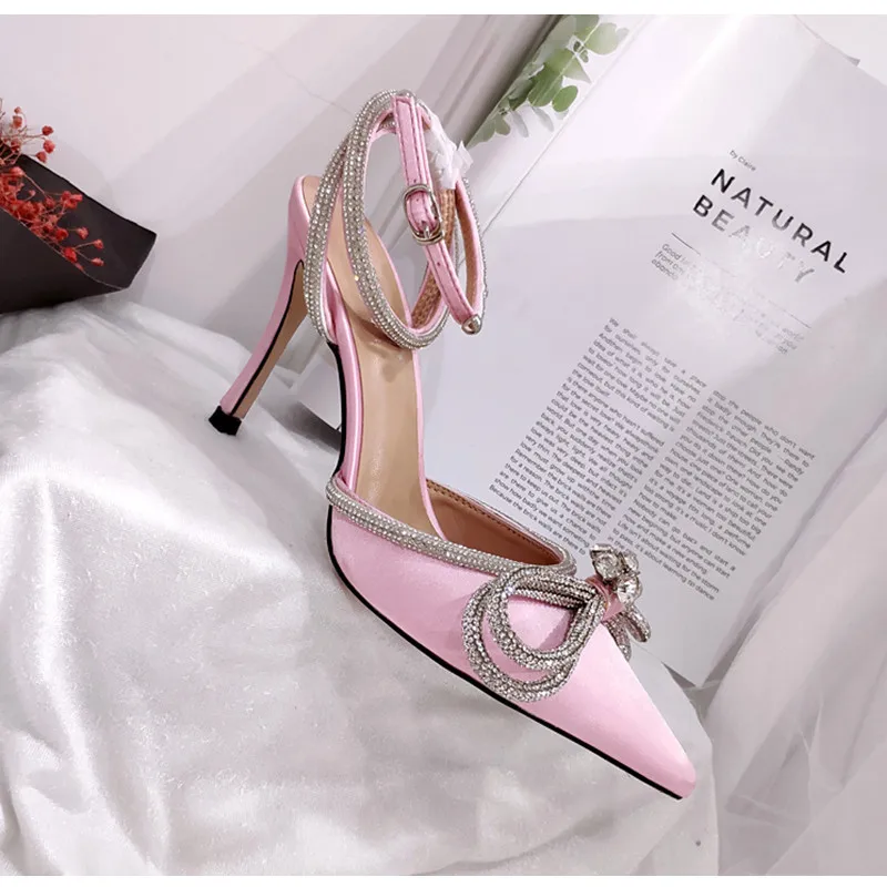 Glitter Rhinestones Women Pumps Runway Style Crystal Bowknot Satin Summer Lady Shoes Genuine Leather High Heels Party Prom Shoes