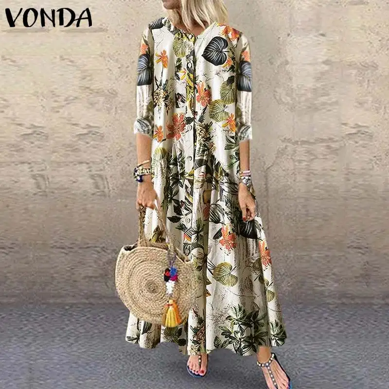 

VONDA 2020 Fashion Floral Printed Maternity Dress Women V Neck Long Sleeve Bohemian Long Dresses Pregnancy Robe 5XL Vestidos