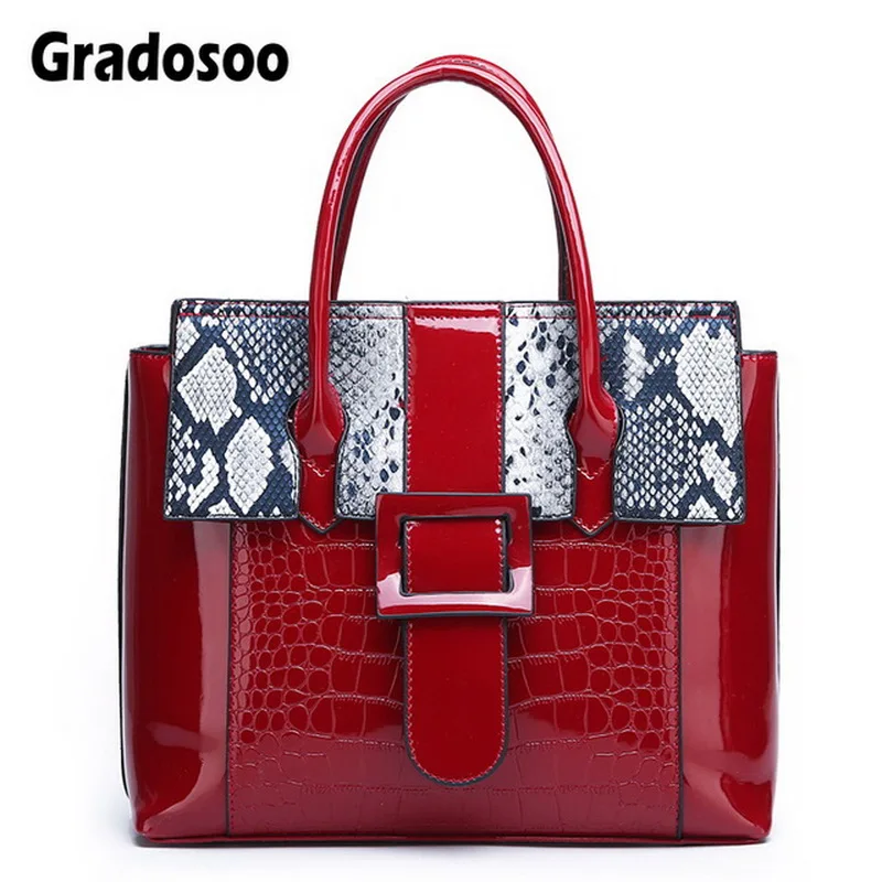

Gradosoo Patent Leather Handbags Women Panelled Serpentine Shoulder Bags Female Luxury Tote Bags For Women Famous Brand HMB633