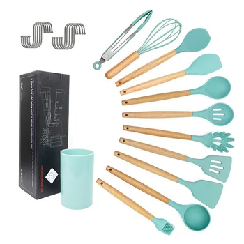 

11Pcs/Set Bucket Hooks Cookware Set Wooden Handle Silica Gel Kitchenware Non-stick Pan Kitchen Appliance Cooking Spoon Shovel