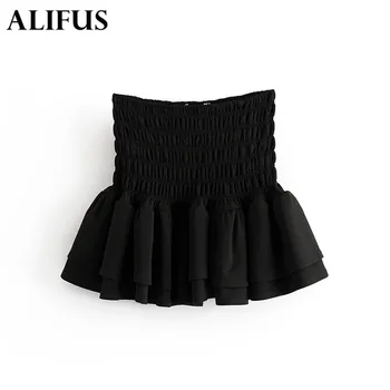 

Fashion Za women A-line skirts fashion basic faldas mujer elastic waist pleated female casual summer black mini skirt