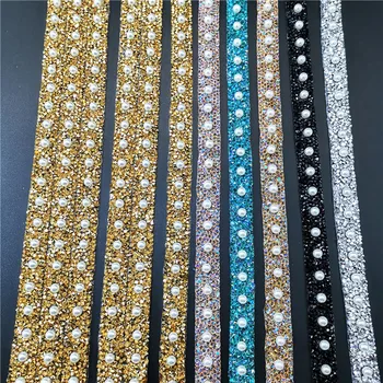 

40cm Length Pearl Beaded Hotfix Rhinestones Lace Trim Ribbon Handmade DIY Sewing Supplies Craft Decoration Fabric