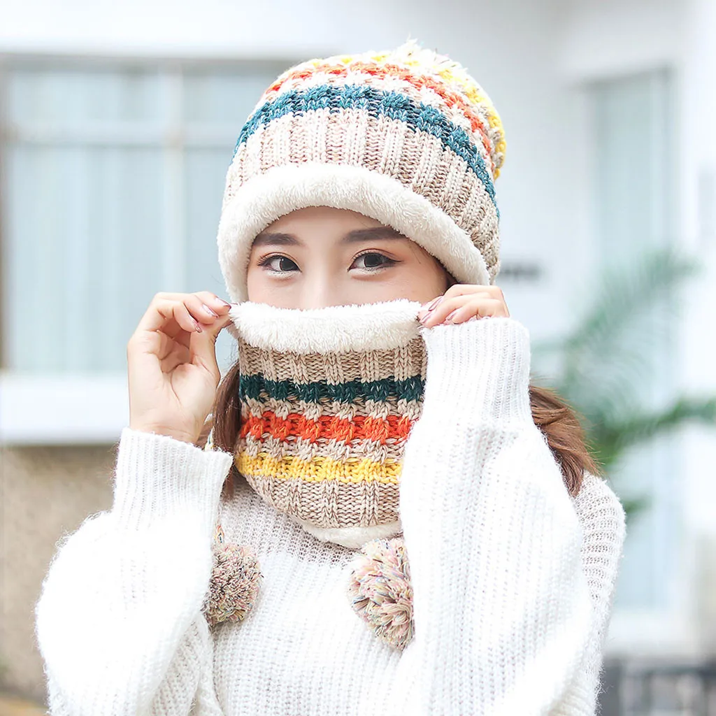 Ladies Knitted Beanie Hat Women Beanie Hat With Scarf Warm Plus Thicken Scarf And Hat Knit Windproof Cap Scarf Set Gh4