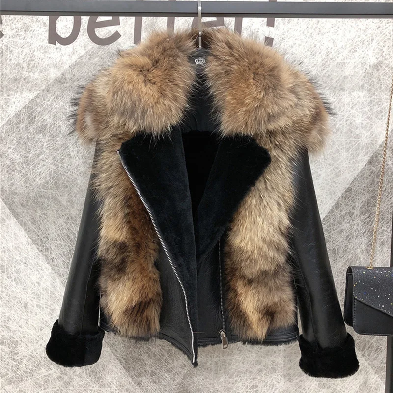 Women Sheepskin Coat With Real Sheep Fur Inside And Natural Raccoon Fur Collar Silver Fox Fur Trim Winter Jacket For Women Warm