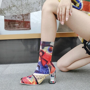 

Women ankle Boots Stretch cloth printing plus size women shoes Europe and America Zipper super high heel womens boots