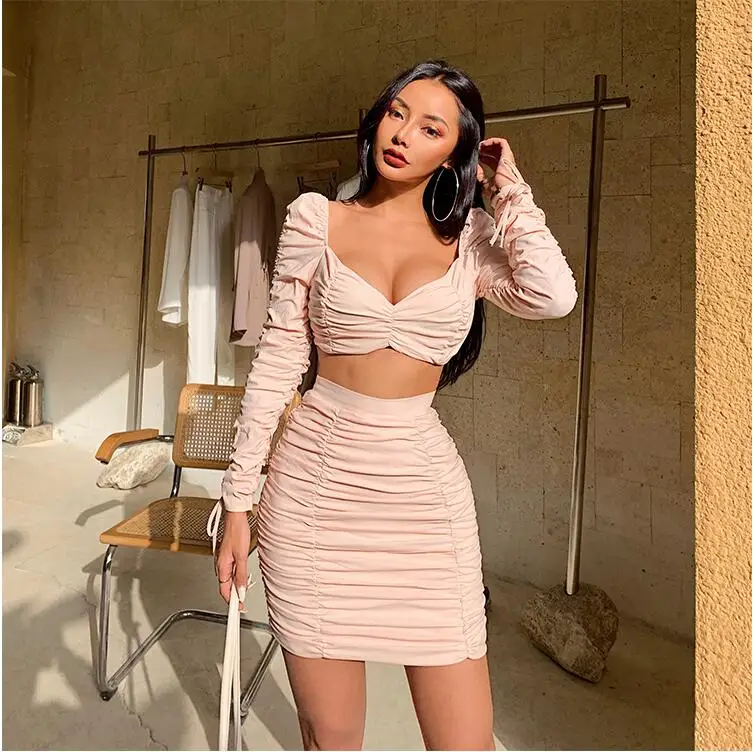 Deep V neck Frill Sexy 2 Piece Set Women Two Outfits Crop Top And Skirt Suits Female Party Club Bodycon Matching Sets |