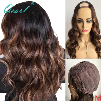 

U part Human Hair Wig 2x4 Opening Water Wave Peruvian Remy Hair Ombre Highlights Color Wigs for Women 150% Glueless Qearl