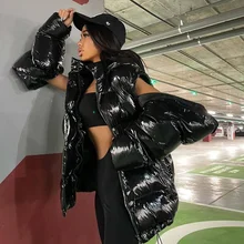 

2021 New Bright Face Detachable Sleeves Hooded Stand-up Collar Down Bread Padded Jacket Women Winter Color Loose Padded Jacket