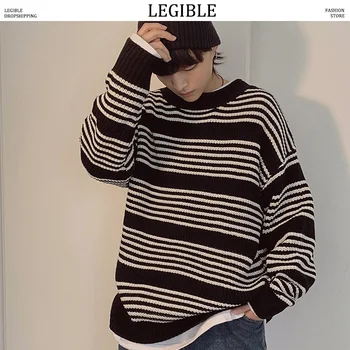 

LEGIBLE 2019 New Autumn Hip Hop Striped Sweater Men Casual Loose Mens Sweaters O-Neck Knitting Pullovers Men