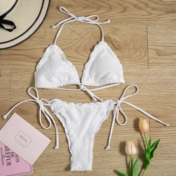 

2020 New Style Split Type White Triangle Bikini Women's Halter Bandage Bikini Sexy Mesh Hollow Out Bikini Swimwear