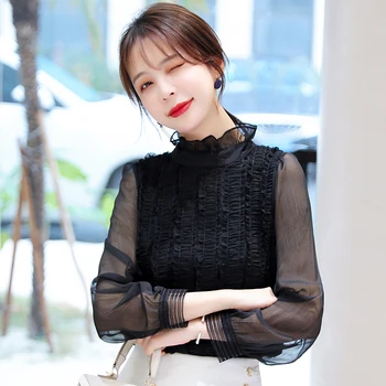 

COIGARSAM Chiffon Full Sleeve blouse women New Spring blusas womens tops and blouses Black Apricot 6209