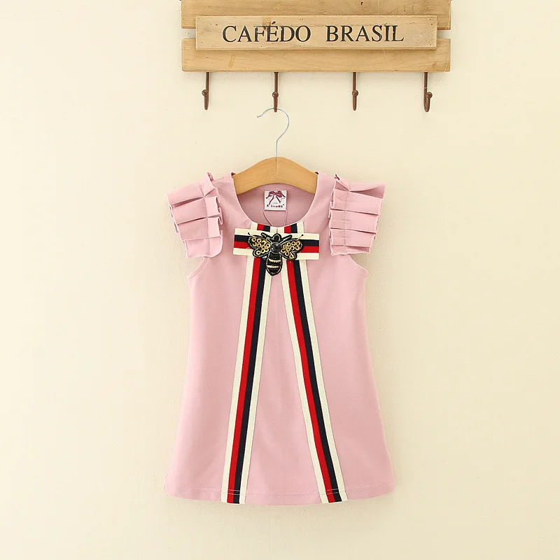 Vestidos/детская одежда для вечеринок и свадеб; Розничная ; платья для маленьких девочек; платье принцессы в полоску с бантом для девочек; топы с круглым вырезом; 5 шт.; От 3 до 7 лет - Цвет: Розовый