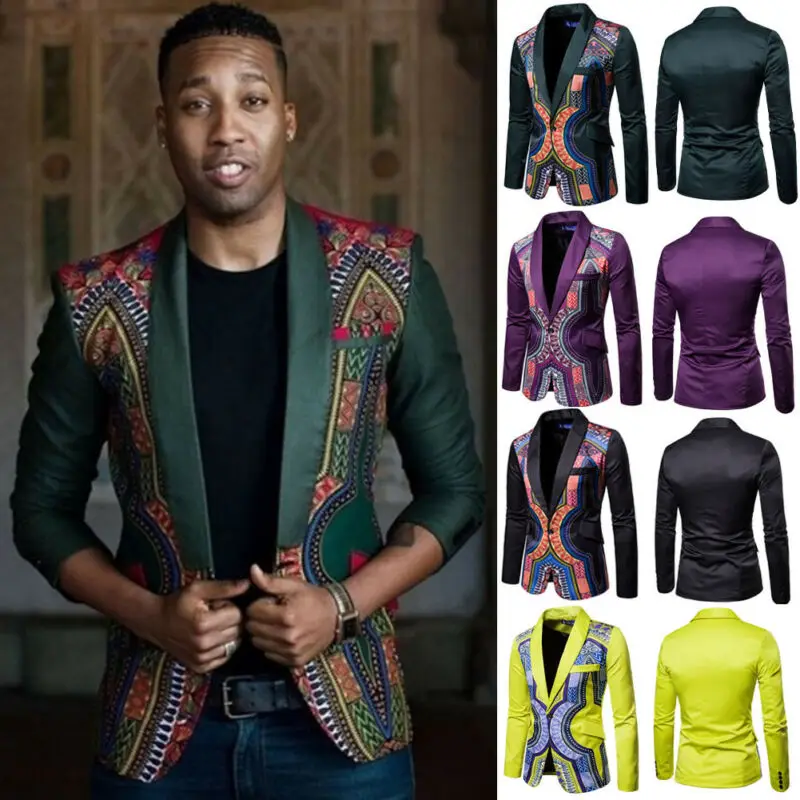 

Mens Casual Blazers Slim Fit Casual African Print Coats African Dashiki One Button Suits Bridegroom Coat Jacket Men Tops