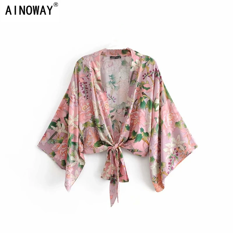 

Boho Vintage Floral Print Sashes short Kimono Women 2018 bohemian V Neck batwing Sleeves Ladies Blouses Casual Blusas