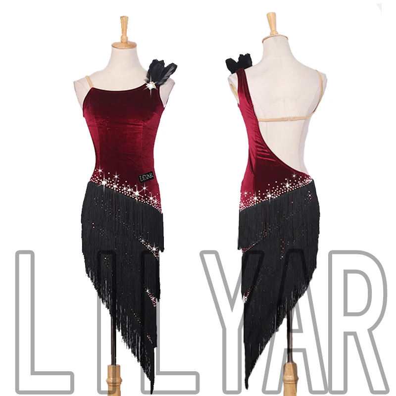 

Юбка для латиноамериканских конкурсов винно-красная бархатная с черной кисточкой на подоле, блестящая танцевальная юбка со стразами