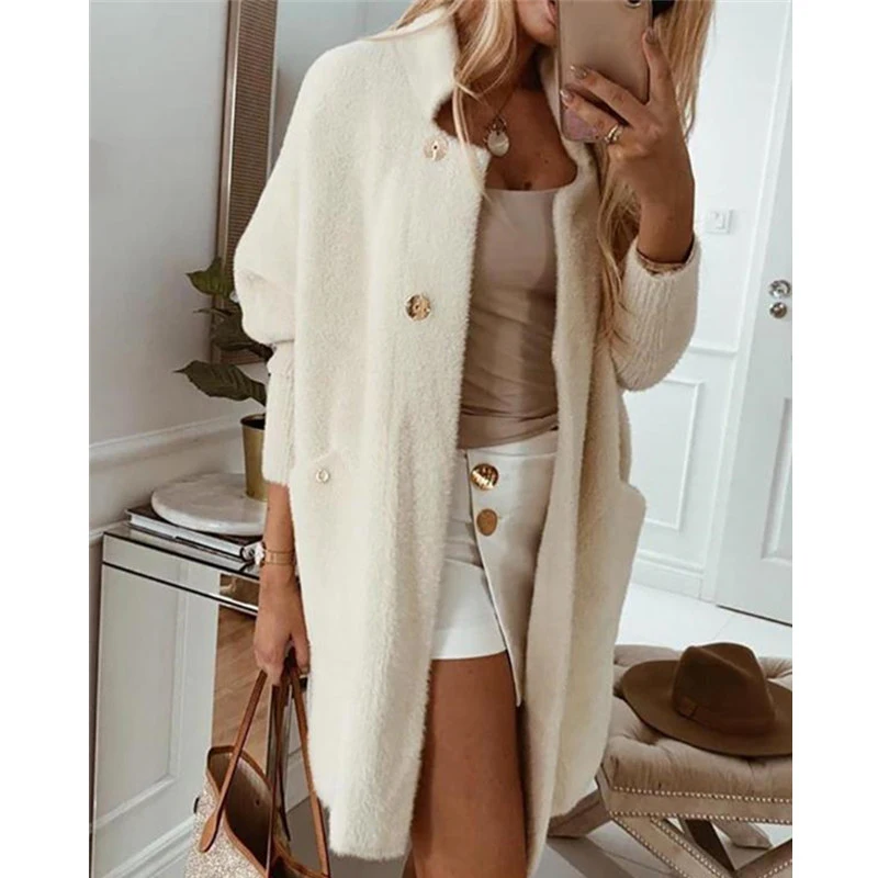 

Pocket Design Open Front Buttoned Fluffy Cardigan Women Single Breasted Long Cardigan Jacket Coat Winter Warm Sweater Cardigan