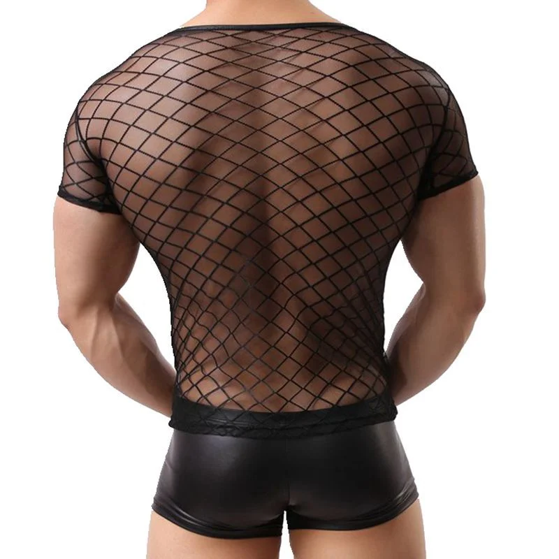 Sexy Men Undershirts Plaid Mesh Transparent Short Sleeve Shirts Gay Lenceria Exotic Clubwear Male Sleepwear Roupas Masculinas