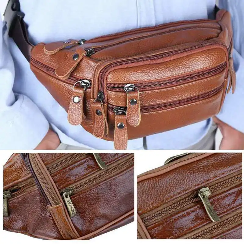 

HT Male Men's Vintage Leather Waist Bag Portable Zip Pocket Pack Casual Functional Money Phone Cigarette Belt Bag Large Capacity