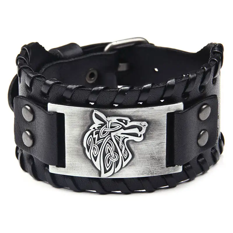 

Viking Wolf Head Metal Charm Leather Wide Bangle Bracelet Teen Wolf Norse Adjustable Vintage Punk Bracelets Jewelry for Men