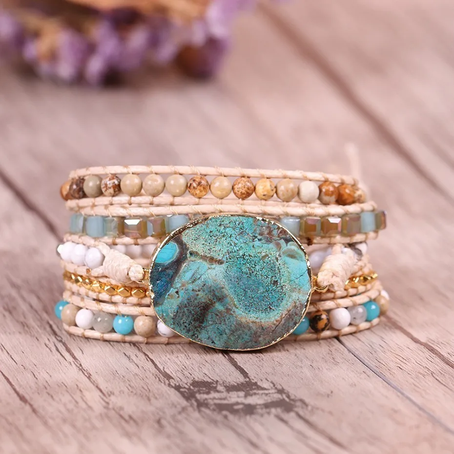 

Ocean Blue Stone Bracelet Boho 5x Leather Friendship Wrap Bracelet Boho Chic Jewelry Bohemian Bracelet